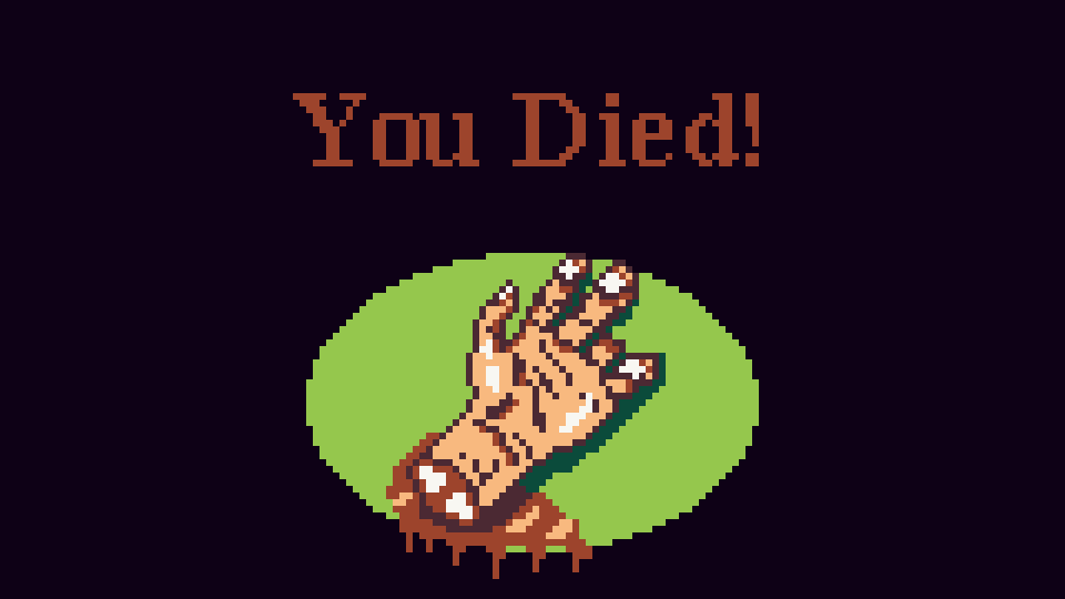pixel art de una mano cortada con la leyenda "you died"