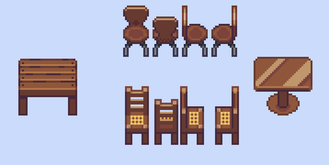 pixel art de 2 juegos de sillas y mesas