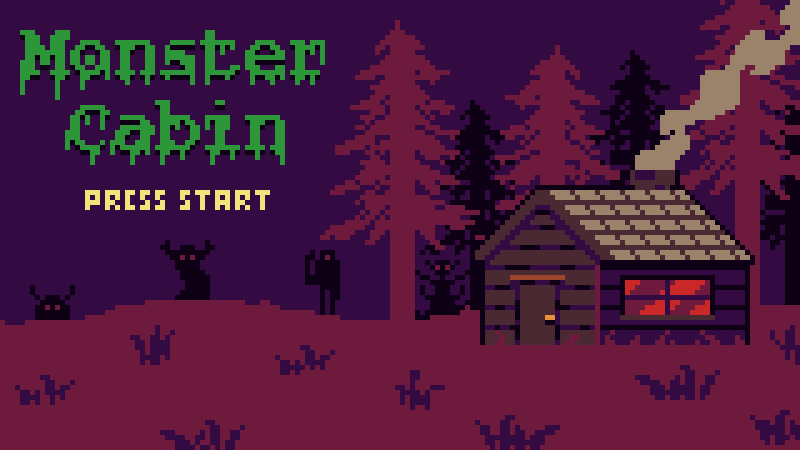 pixel art de cabaña rodeada de monstruos en el bosque
