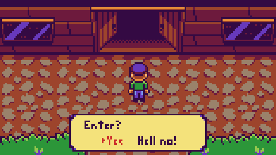 pixel art de una persona entrando a una cabaña mientras lo observan desde las sombras
