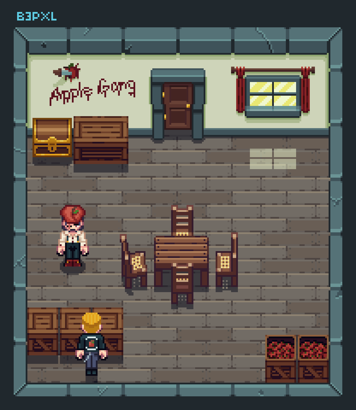 pixel art de una habitación, con una mesa, sillas, cajas de manzanas, un grafiti que dice "apple gang" y dos pandilleros