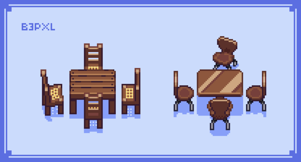 pixel art de dos mesas con sillas acomodadas para comer