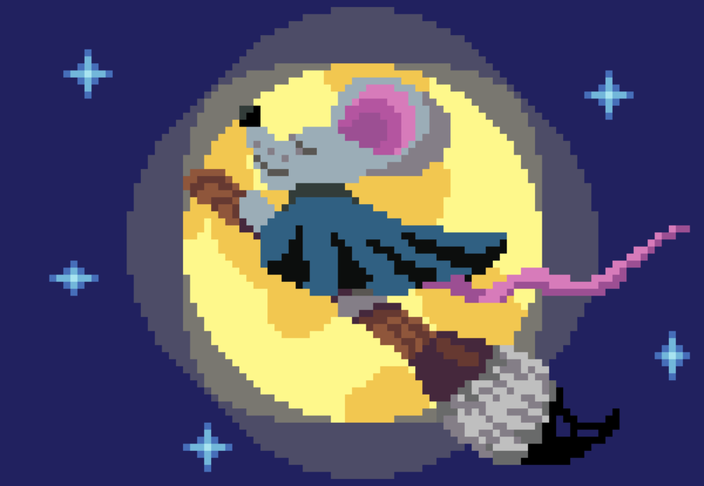 pixel art de raton montando un pincel frente a la luna como si fuera una bruja